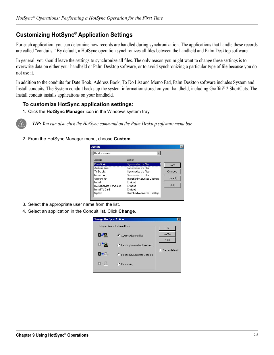 Customizing hotsync® application settings, Customizing hotsync, Application settings | Garmin iQue 3600a User Manual | Page 102 / 124