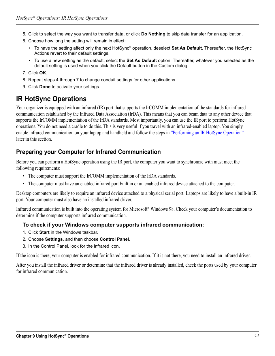 Ir hotsync operations, Preparing your computer for infrared communication, Operations can also be done using the ir port. see | Garmin iQue 3600a User Manual | Page 103 / 124