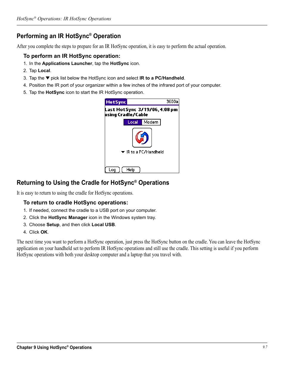 Performing an ir hotsync® operation, Performing an ir hotsync, Operation | Returning to using the cradle for hotsync, Operations | Garmin iQue 3600a User Manual | Page 105 / 124