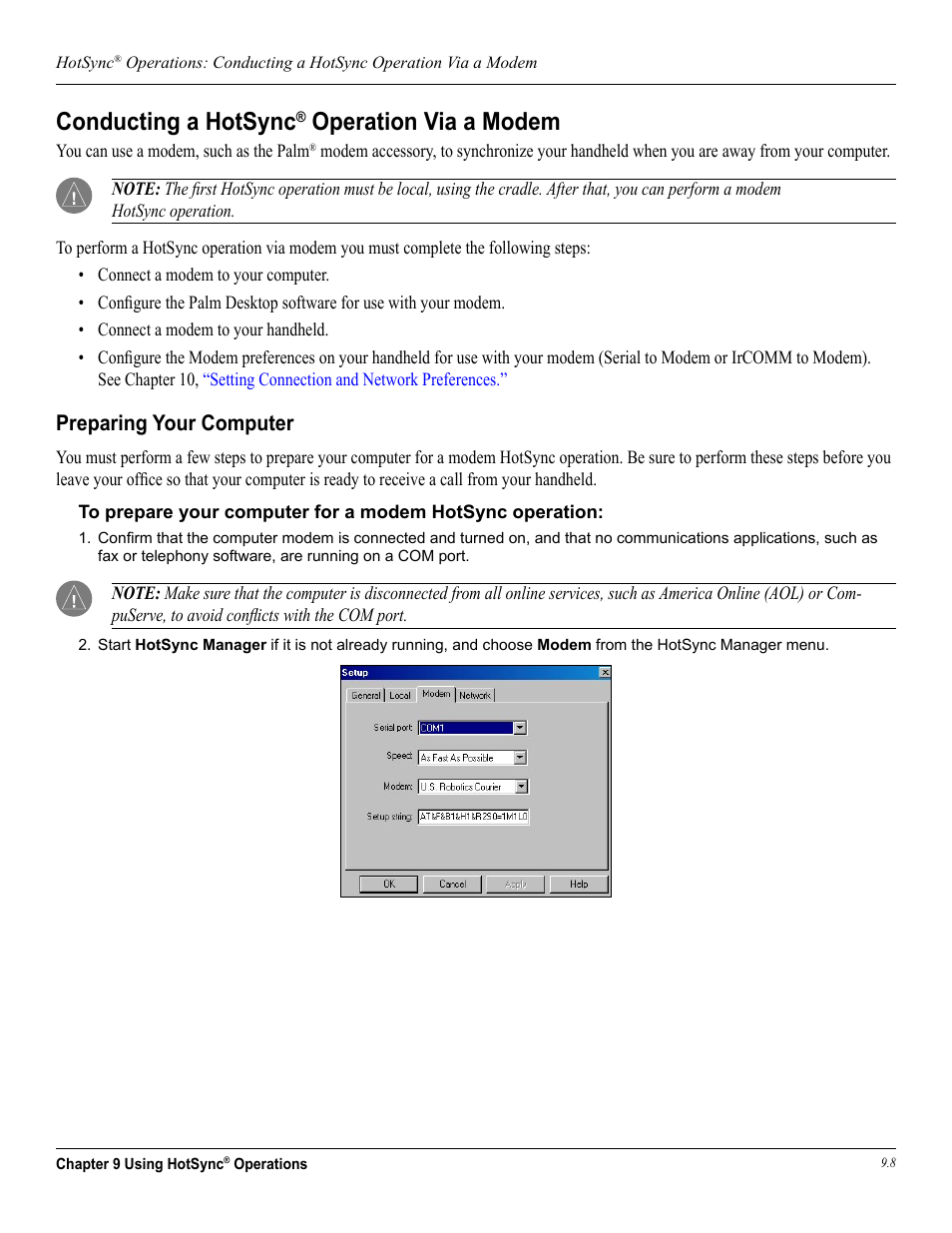Conducting a hotsync® operation via a modem, Preparing your computer, Conducting a hotsync | Operation via a modem, Operation via modem, Later in this chapter for more information | Garmin iQue 3600a User Manual | Page 106 / 124