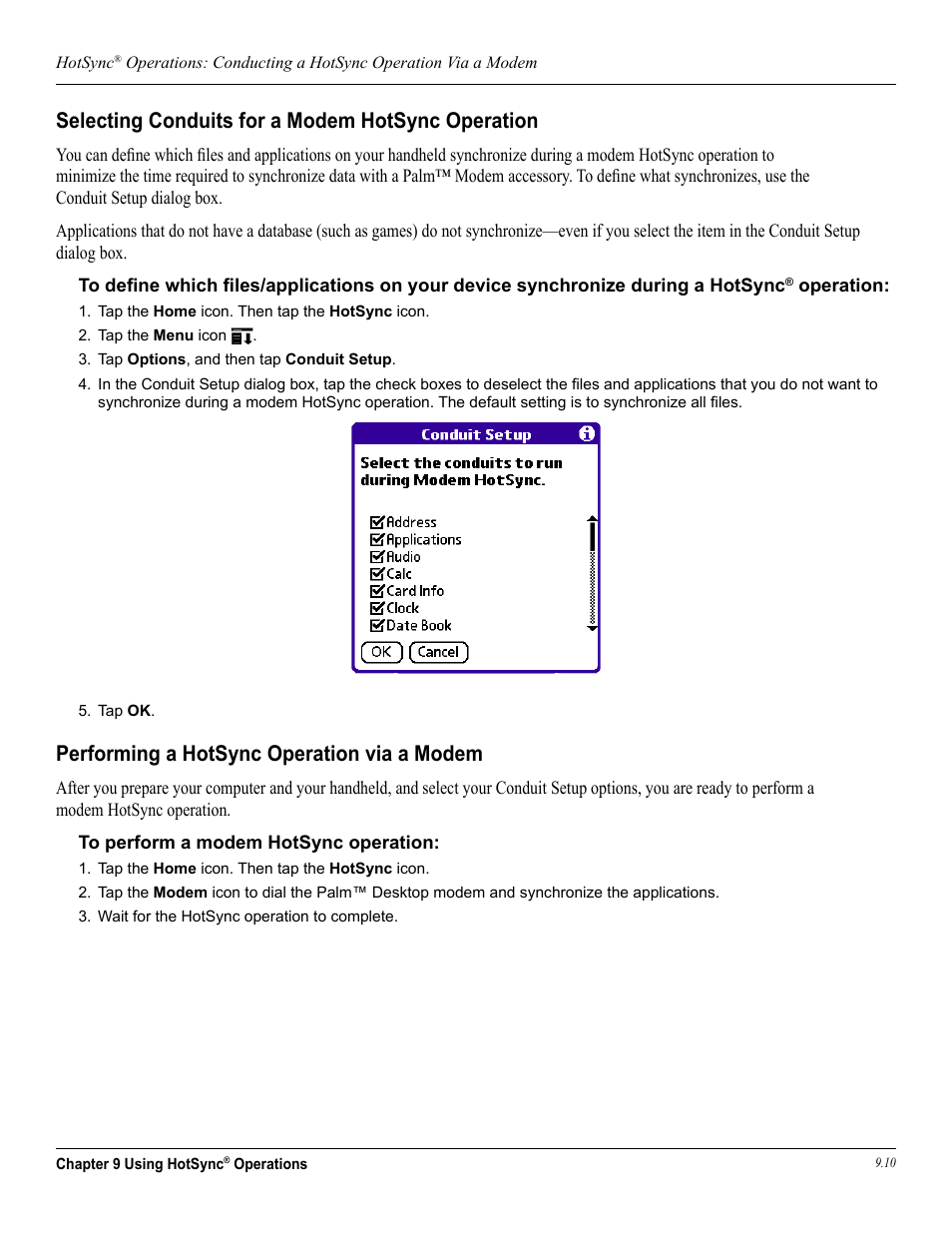 Selecting conduits for a modem hotsync operation, Performing a hotsync operation via a modem | Garmin iQue 3600a User Manual | Page 108 / 124