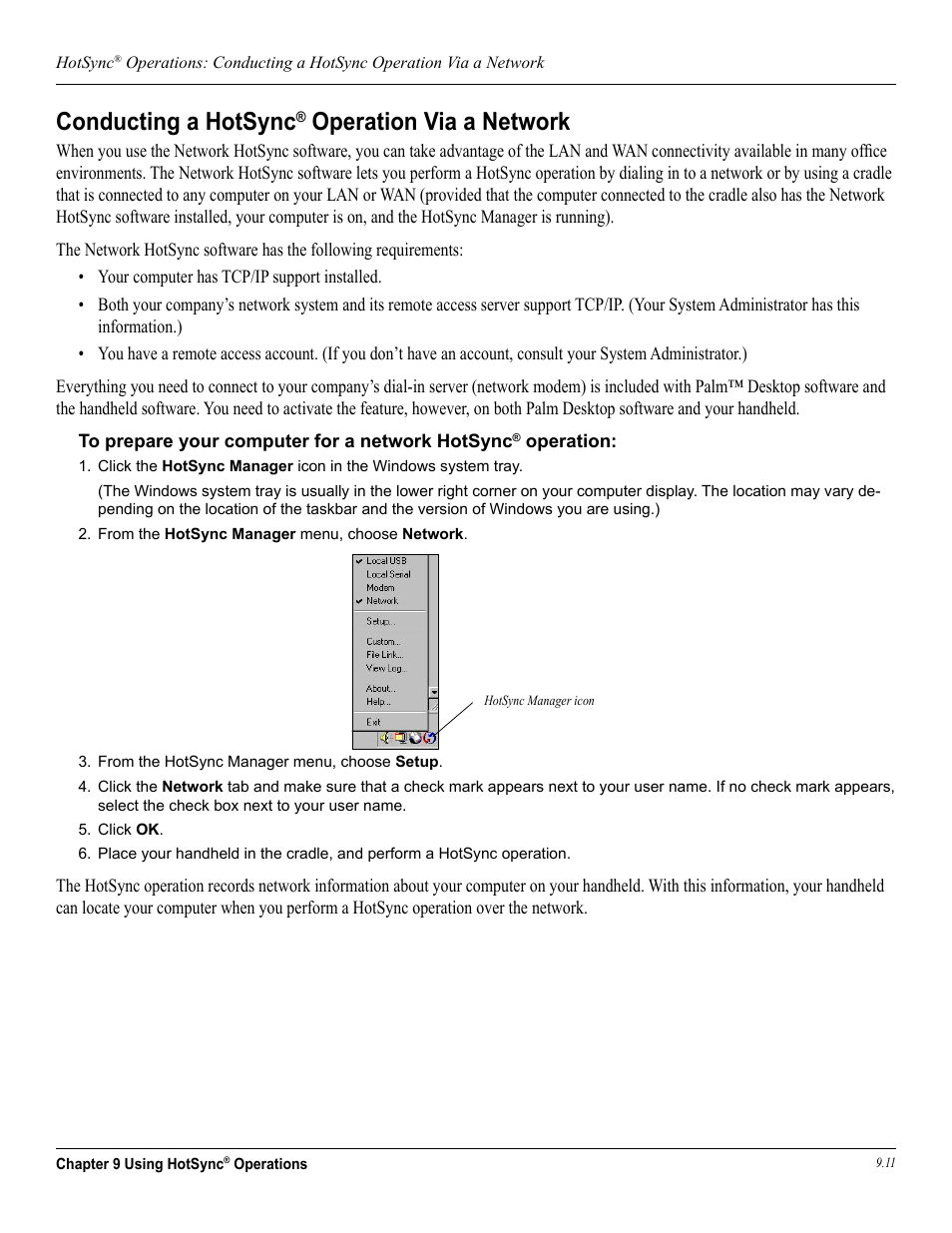 Conducting a hotsync® operation via a network, Conducting a hotsync, Operation via a network | Conducting a hotsync operation via a network, Modem, see | Garmin iQue 3600a User Manual | Page 109 / 124