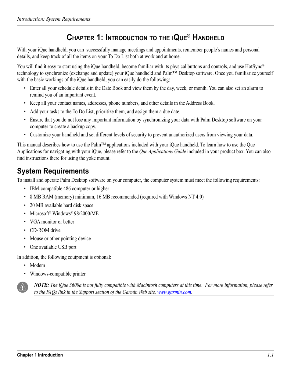 Chapter 1: introduction, System requirements, Chapter 1: introduction to the ique | Handheld | Garmin iQue 3600a User Manual | Page 11 / 124