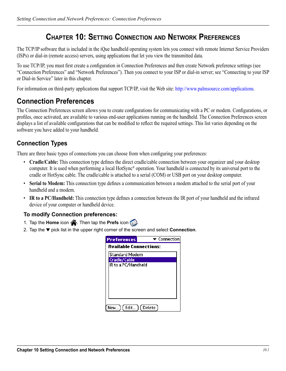 Chapter 10: connection/network preferences, Connection preferences, Connection types | Garmin iQue 3600a User Manual | Page 111 / 124