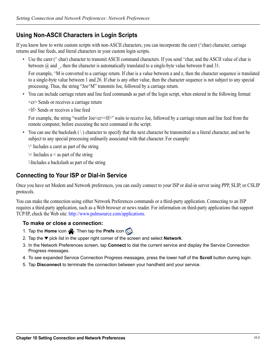 Using non-ascii characters in login scripts, Connecting to your isp or dial-in service | Garmin iQue 3600a User Manual | Page 118 / 124