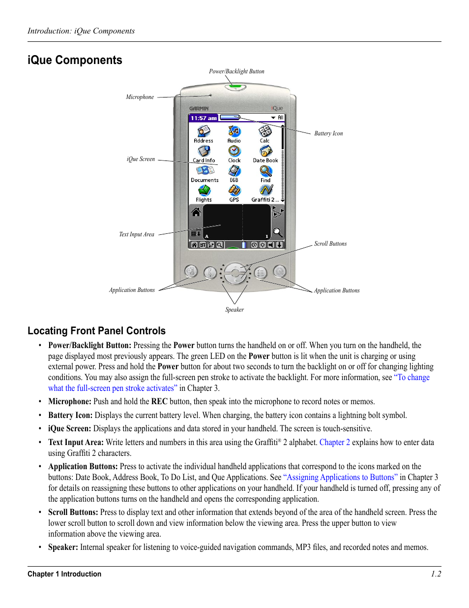 Ique components, Locating front panel controls | Garmin iQue 3600a User Manual | Page 12 / 124