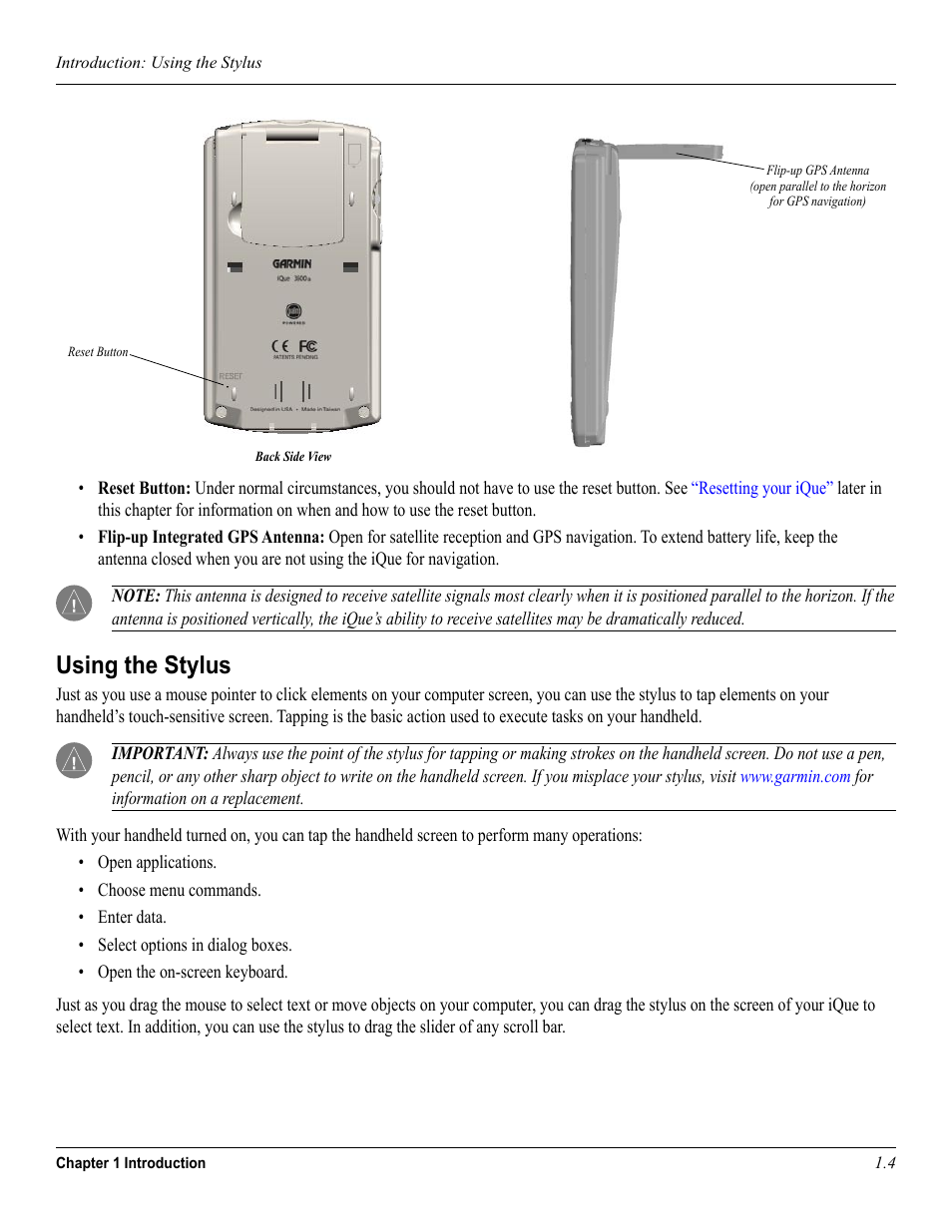 Using the stylus | Garmin iQue 3600a User Manual | Page 14 / 124
