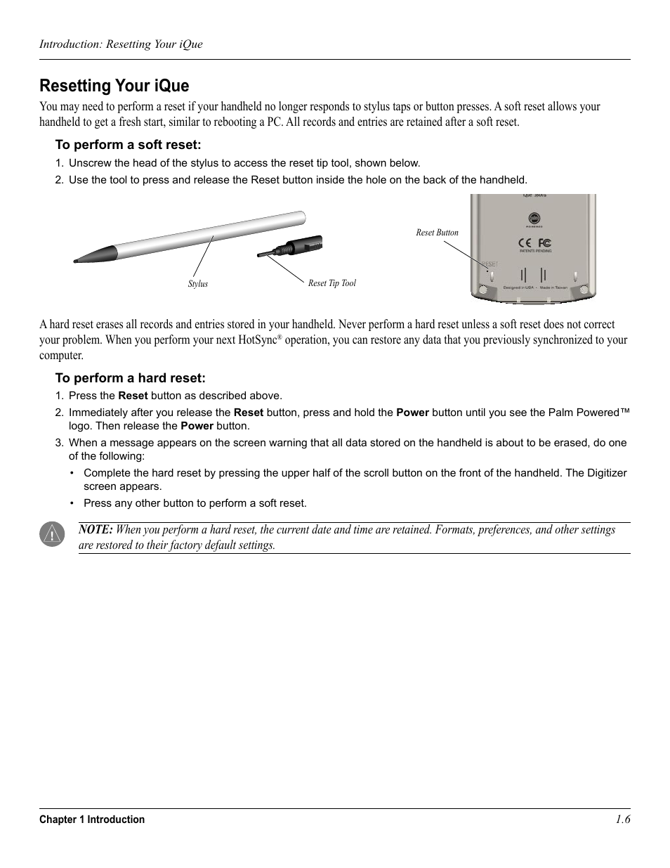 Resetting your ique | Garmin iQue 3600a User Manual | Page 16 / 124