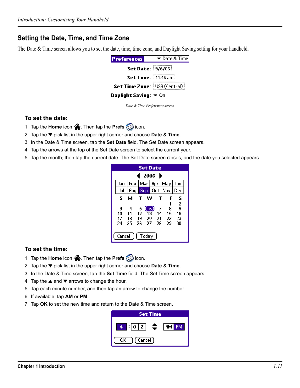 Setting the date, time, and time zone | Garmin iQue 3600a User Manual | Page 21 / 124