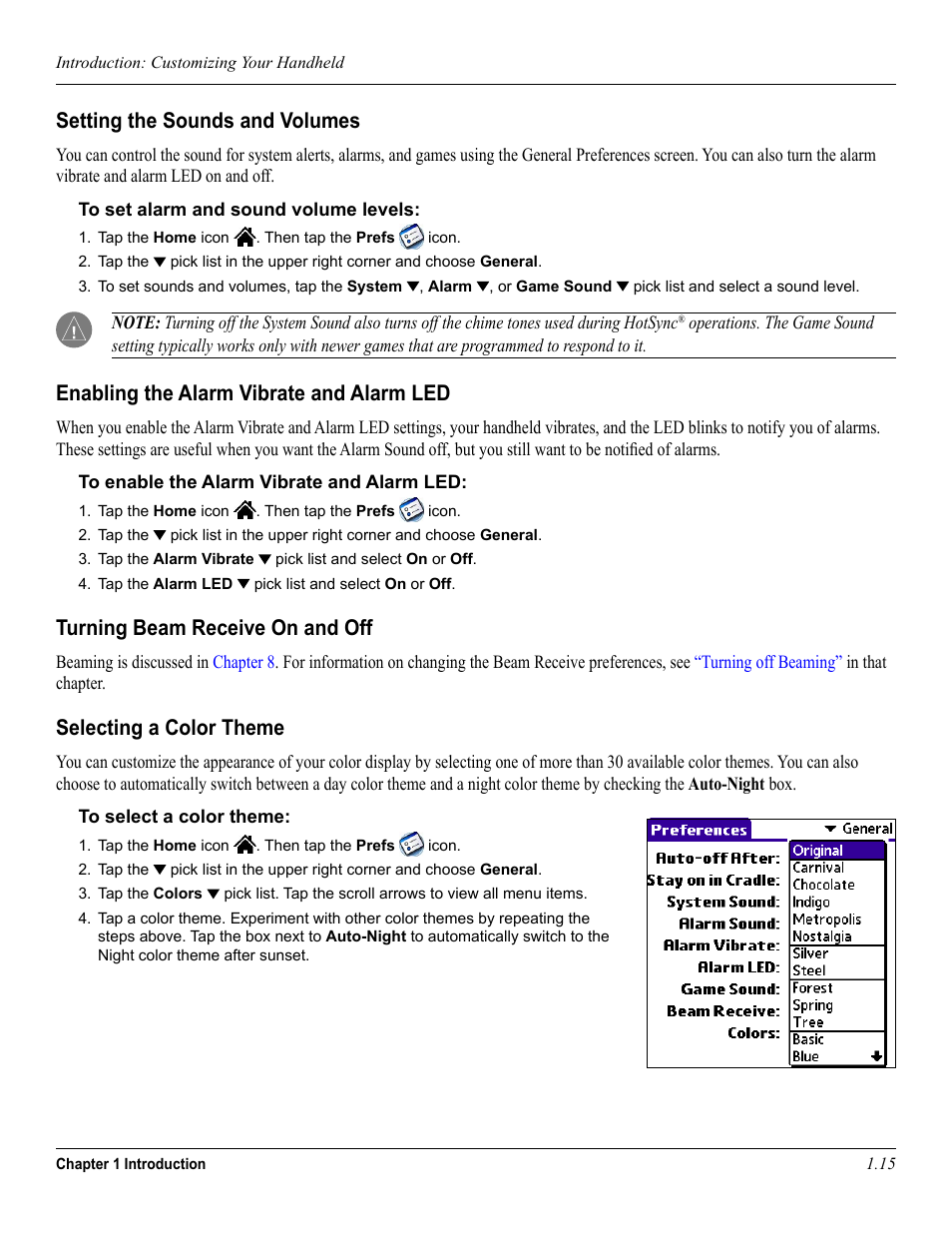 Setting the sounds and volumes, Enabling the alarm vibrate and alarm led, Turning beam receive on and off | Selecting a color theme | Garmin iQue 3600a User Manual | Page 25 / 124