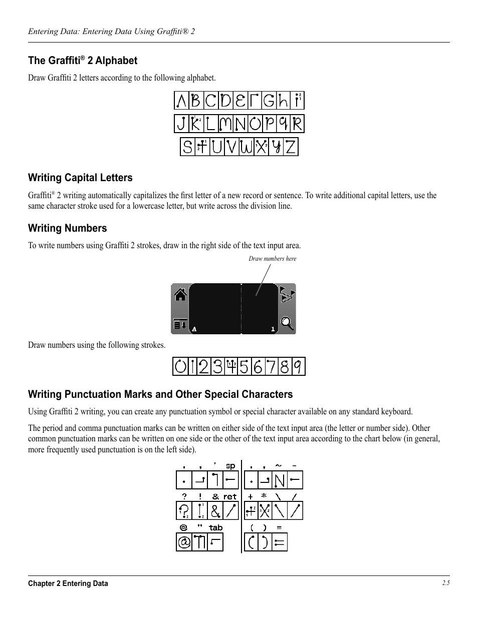 The graffiti® 2 alphabet, Writing capital letters, Writing numbers | The grafﬁti, 2 alphabet | Garmin iQue 3600a User Manual | Page 31 / 124