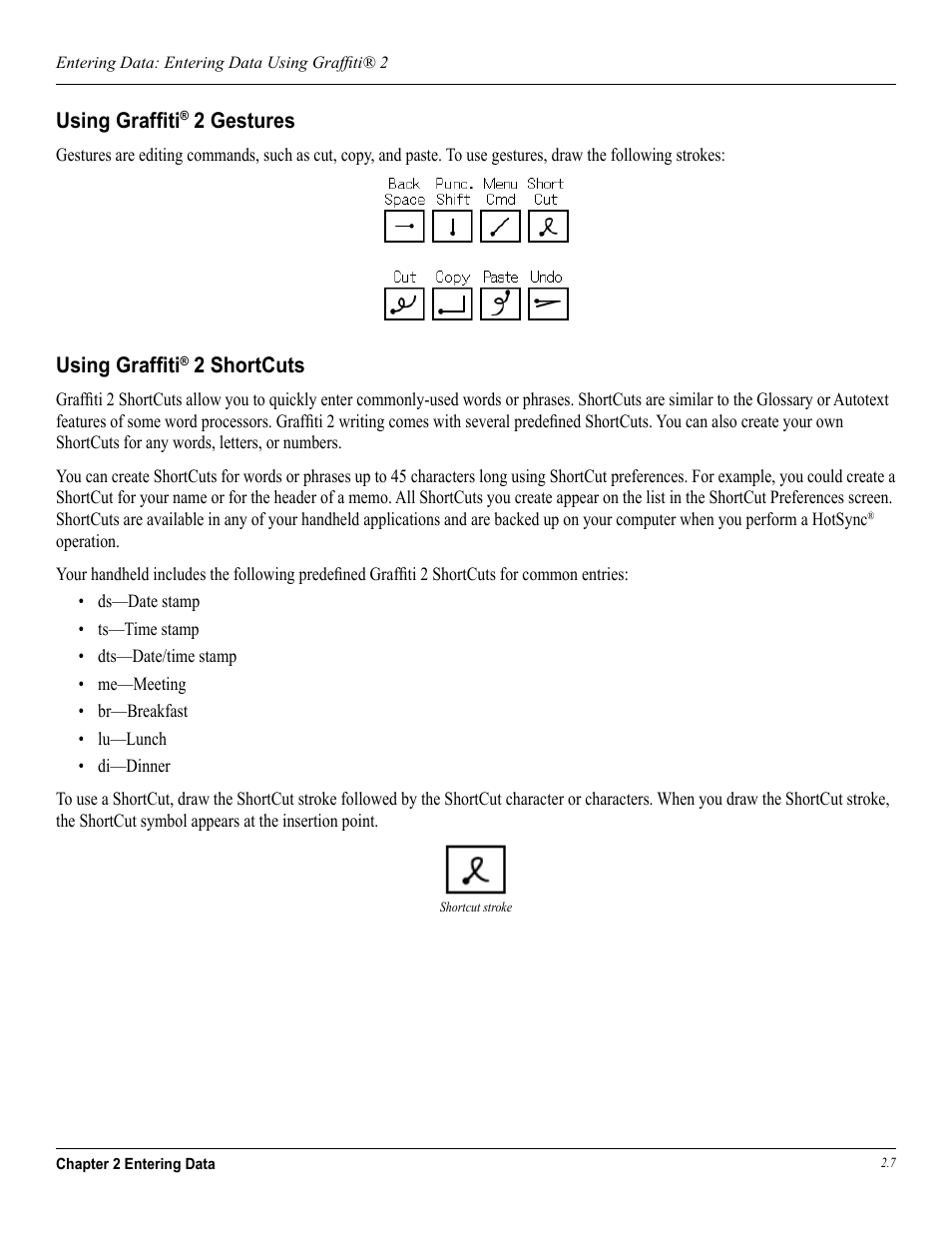 Using graffiti® 2 gestures, Using graffiti® 2 shortcuts, Using grafﬁti | 2 gestures, 2 shortcuts | Garmin iQue 3600a User Manual | Page 33 / 124