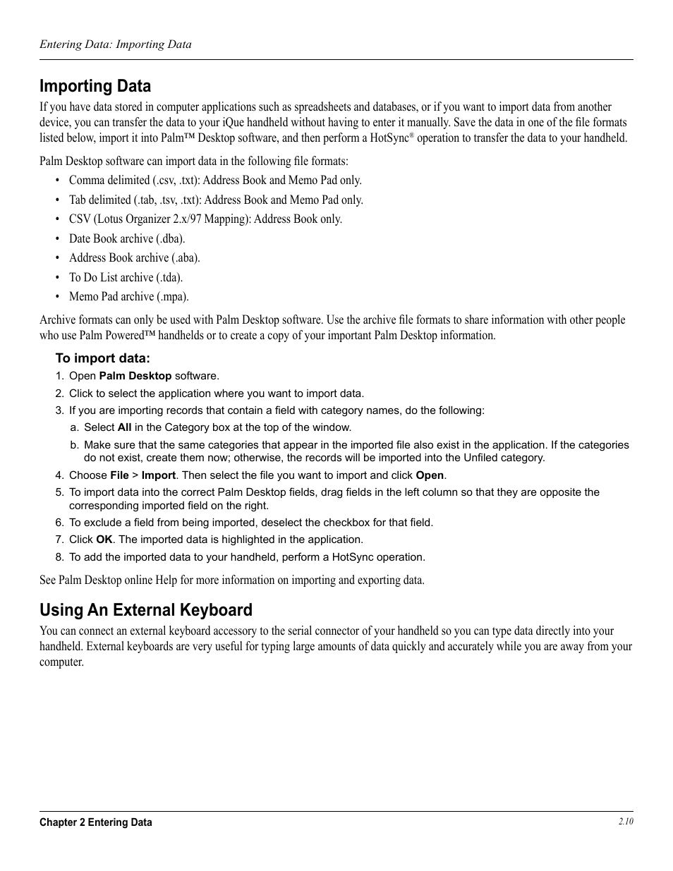 Importing data, Using an external keyboard, Importing data using an external keyboard | Garmin iQue 3600a User Manual | Page 36 / 124