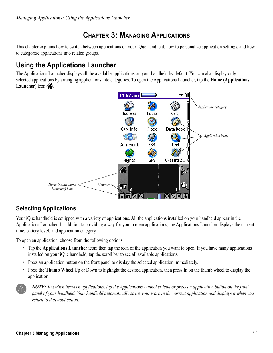 Chapter 3: managing applications, Using the applications launcher, Selecting applications | Garmin iQue 3600a User Manual | Page 37 / 124