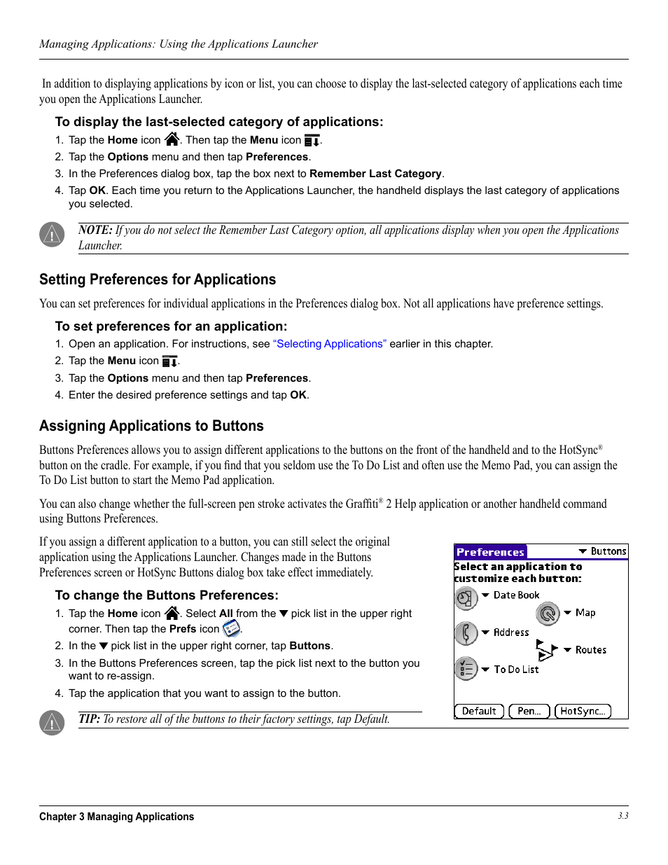 Setting preferences for applications, Assigning applications to buttons, Applications. see | In chapter 3 | Garmin iQue 3600a User Manual | Page 39 / 124