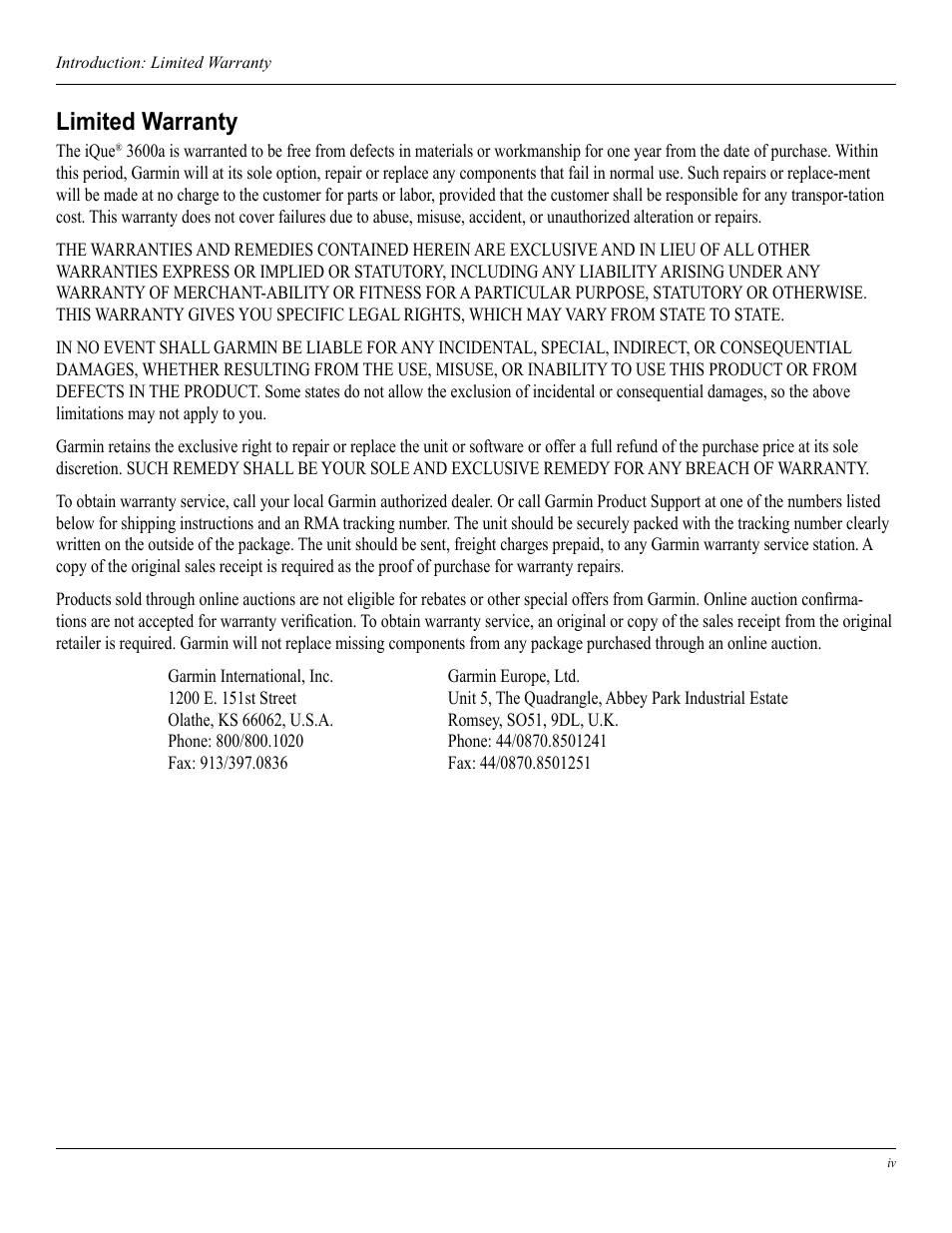 Limited warranty | Garmin iQue 3600a User Manual | Page 4 / 124