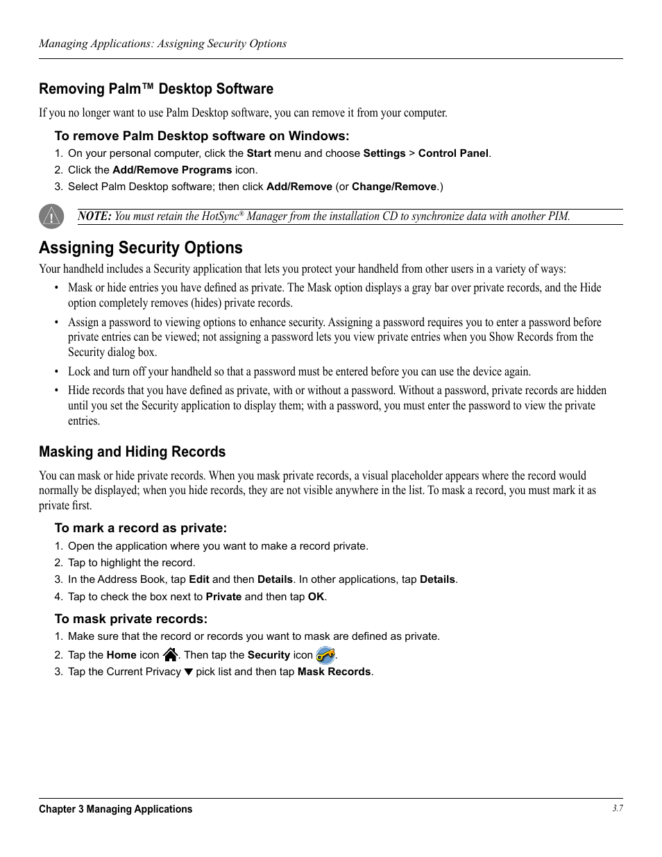 Removing palm™ desktop software, Assigning security options, Masking and hiding records | Garmin iQue 3600a User Manual | Page 43 / 124