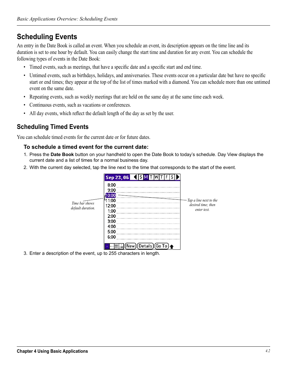 Scheduling events, Scheduling timed events | Garmin iQue 3600a User Manual | Page 47 / 124