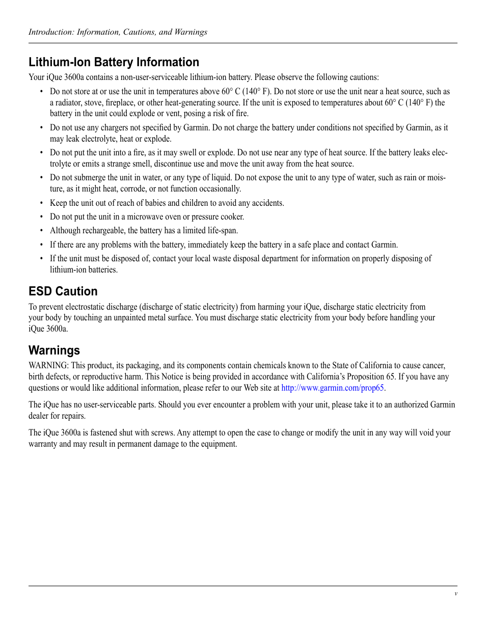 Lithium-ion battery information, Esd caution, Warnings | Garmin iQue 3600a User Manual | Page 5 / 124
