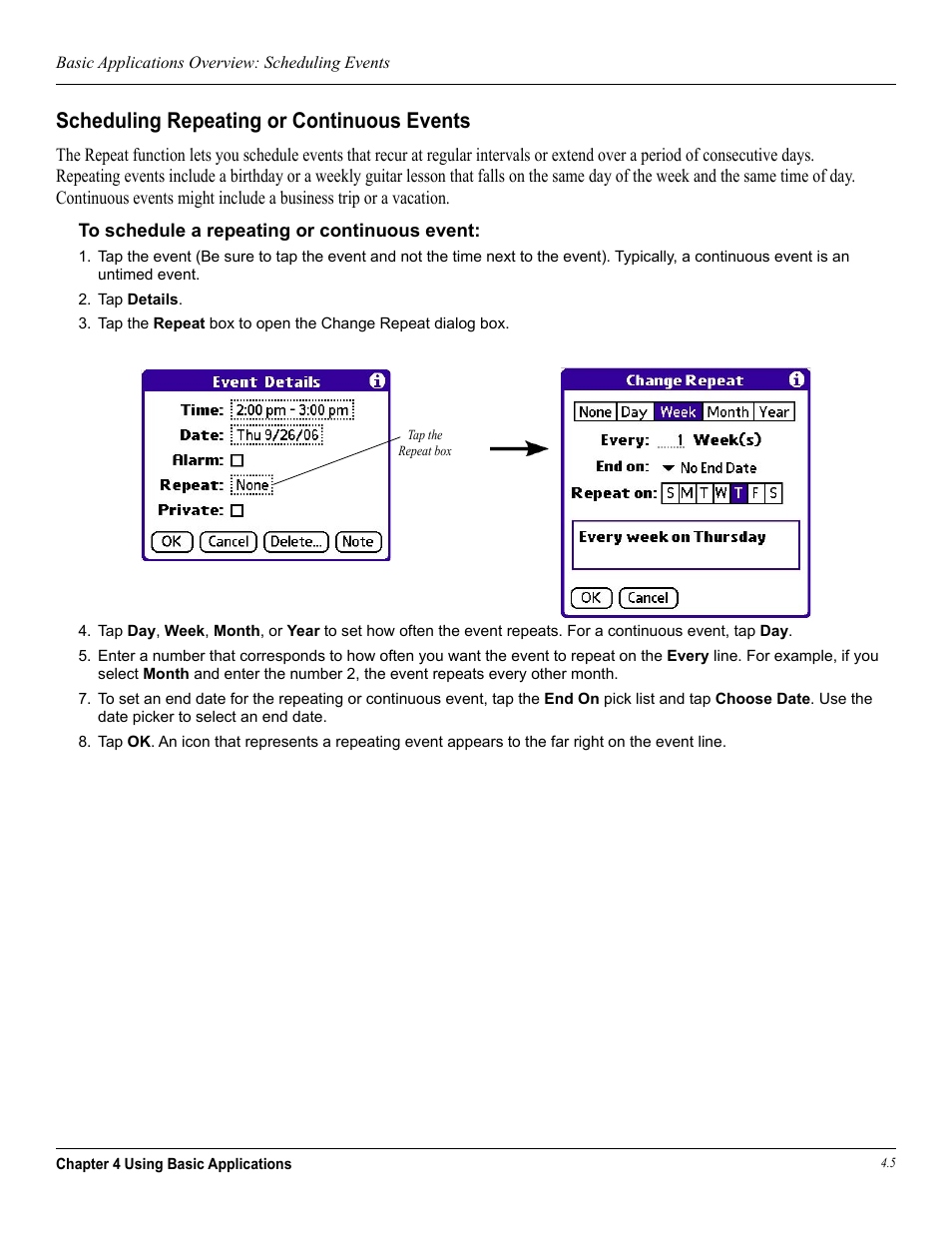 Scheduling repeating or continuous events | Garmin iQue 3600a User Manual | Page 50 / 124