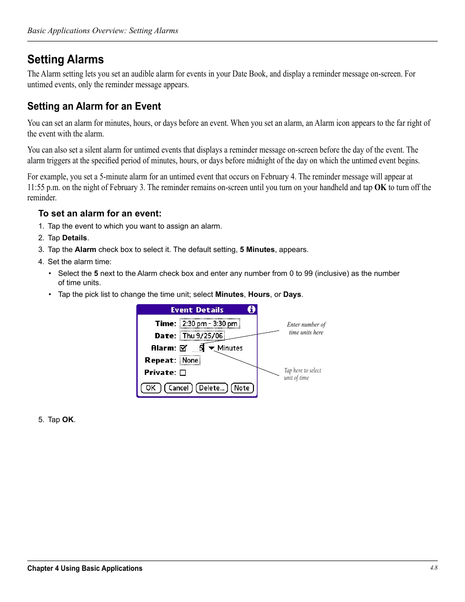 Setting alarms, Setting an alarm for an event | Garmin iQue 3600a User Manual | Page 53 / 124