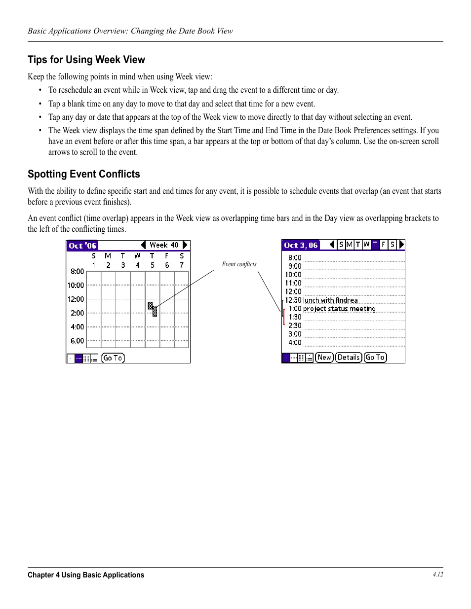 Tips for using week view, Spotting event conflicts, Spotting event conﬂicts | Garmin iQue 3600a User Manual | Page 57 / 124