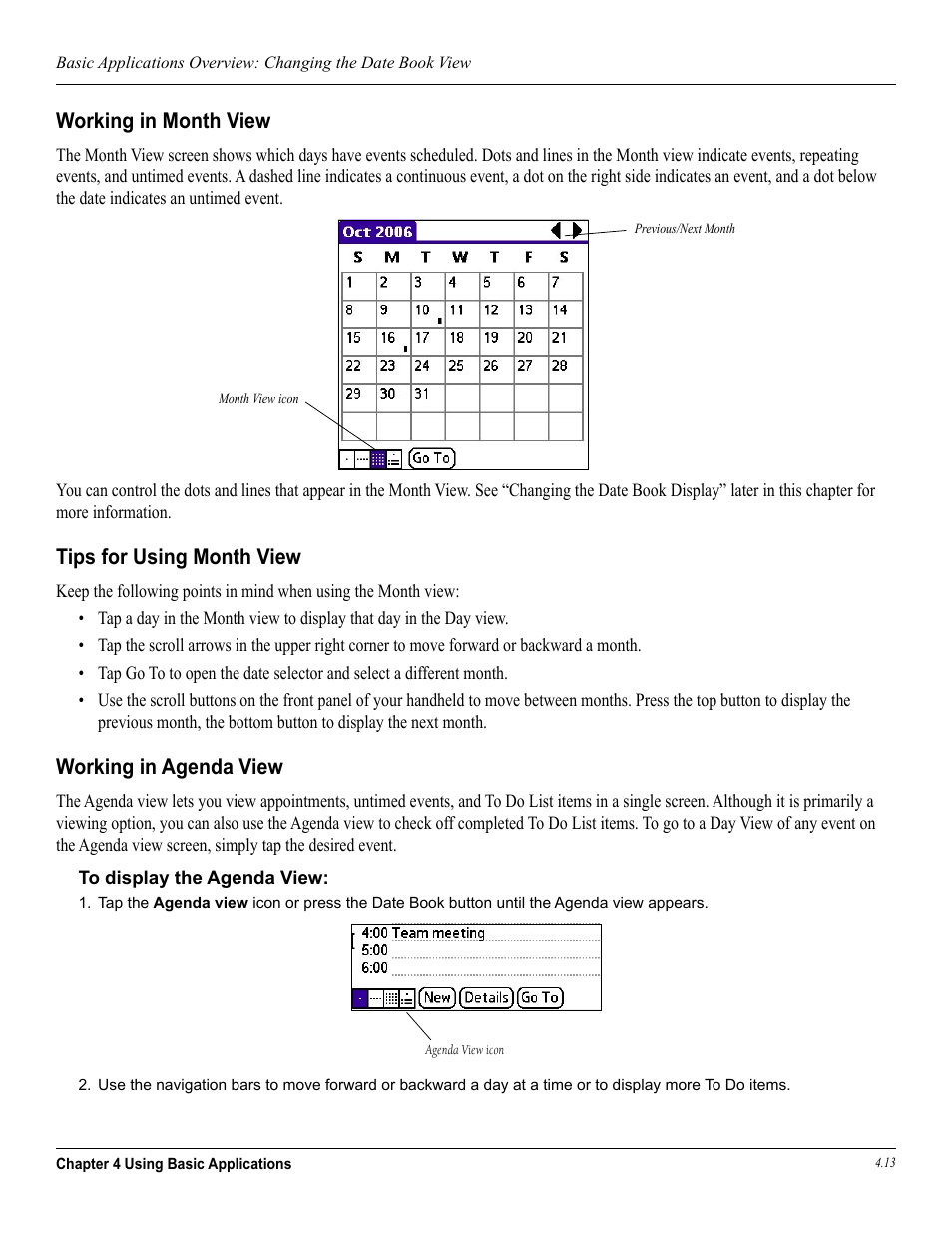 Working in month view, Tips for using month view, Working in agenda view | Garmin iQue 3600a User Manual | Page 58 / 124