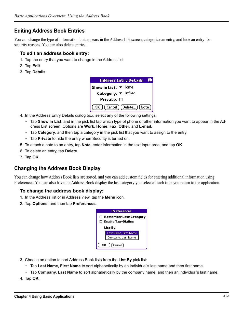 Editing address book entries, Changing the address book display | Garmin iQue 3600a User Manual | Page 69 / 124