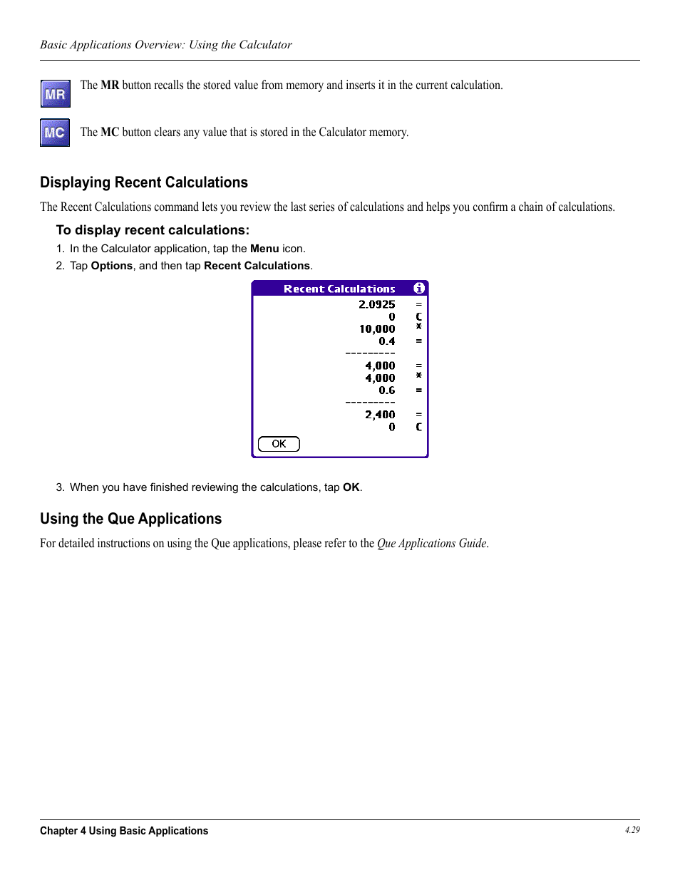 Displaying recent calculations, Using the que applications | Garmin iQue 3600a User Manual | Page 74 / 124