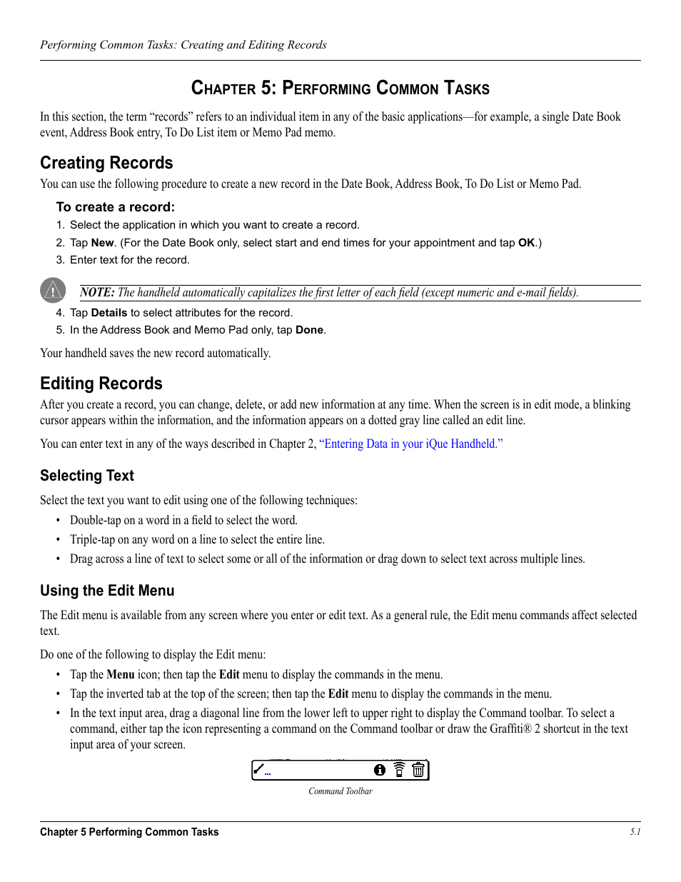 Chapter 5: common tasks, Creating records, Editing records | Selecting text, Using the edit menu, Chapter 5: performing common tasks, Creating records editing records | Garmin iQue 3600a User Manual | Page 75 / 124