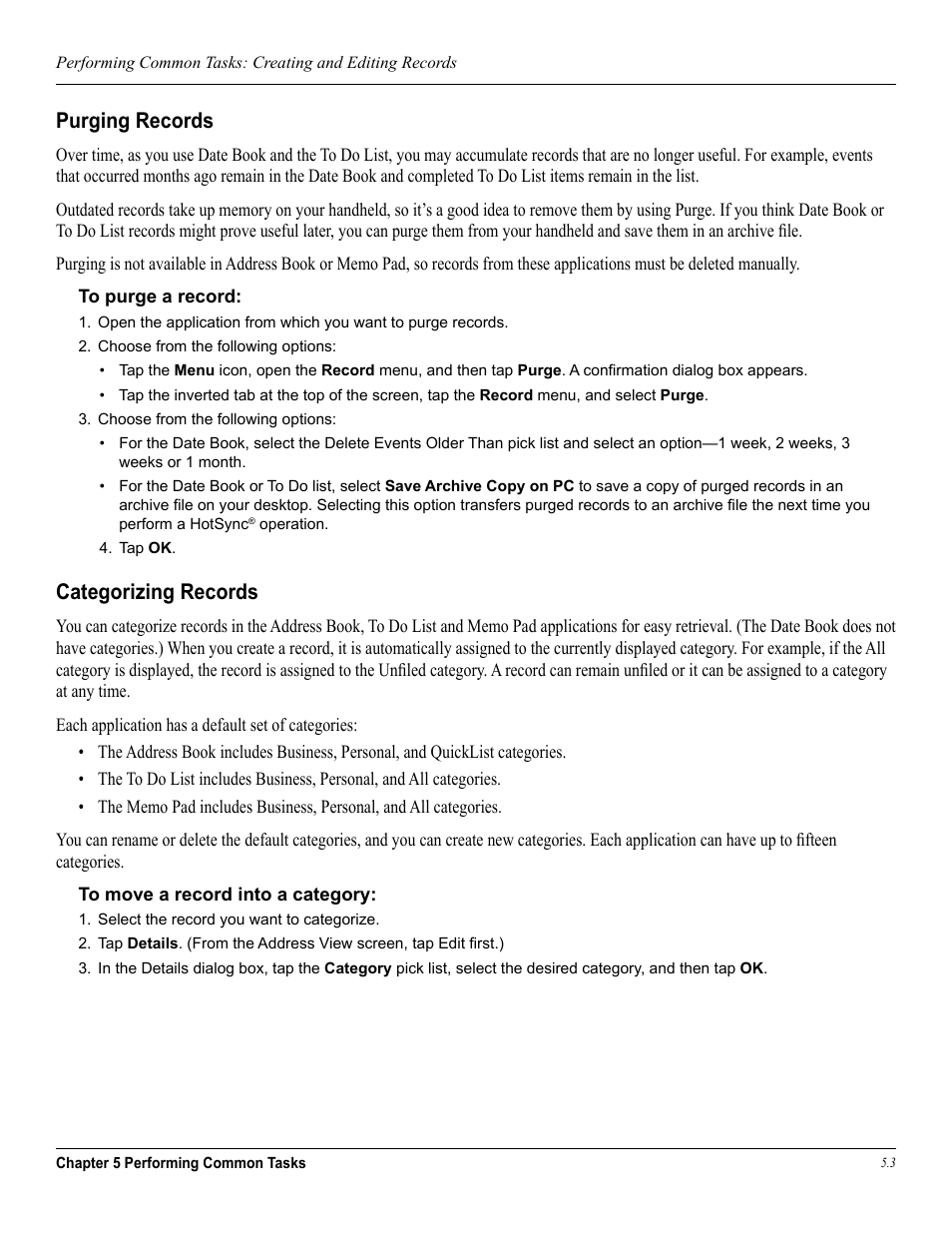 Purging records, Categorizing records, In chapter 5 | Garmin iQue 3600a User Manual | Page 77 / 124