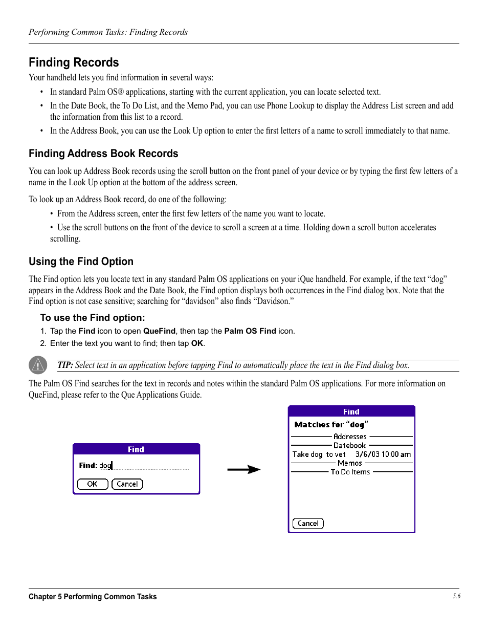 Finding records, Finding address book records, Using the find option | Garmin iQue 3600a User Manual | Page 80 / 124