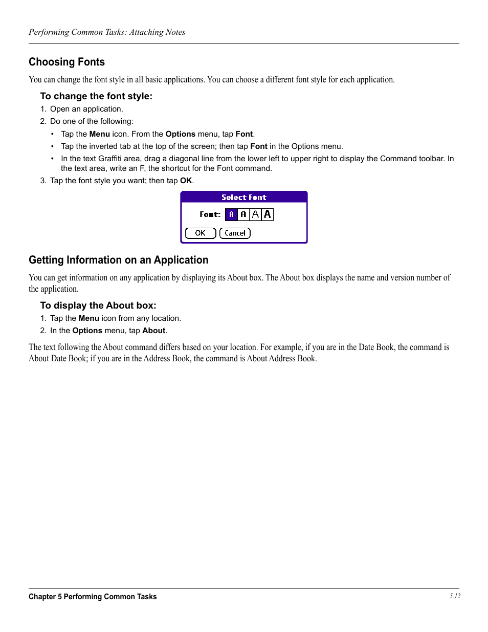 Choosing fonts, Getting information on an application | Garmin iQue 3600a User Manual | Page 86 / 124