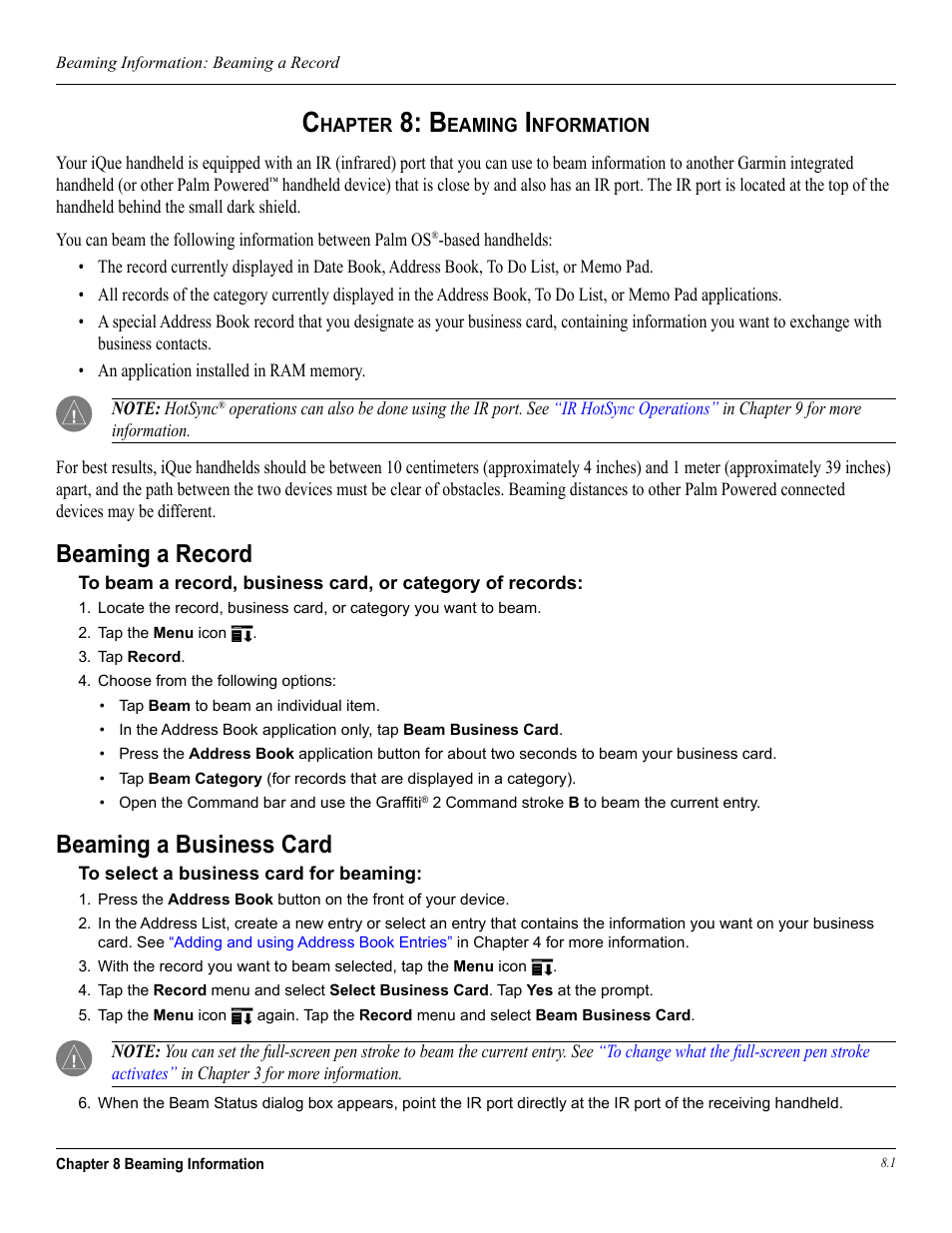 Chapter 8: beaming information, Beaming a record, Beaming a business card | Beaming a record beaming a business card, Operations. see, Beaming information, In chapter 8 and, Beaming is discussed in, Chapter 8 | Garmin iQue 3600a User Manual | Page 97 / 124