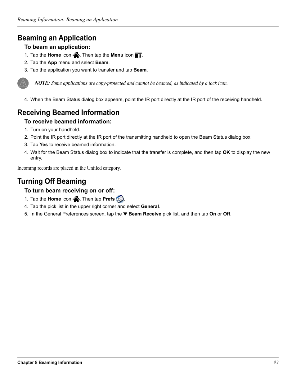 Beaming an application, Receiving beamed information, Turning off beaming | Garmin iQue 3600a User Manual | Page 98 / 124