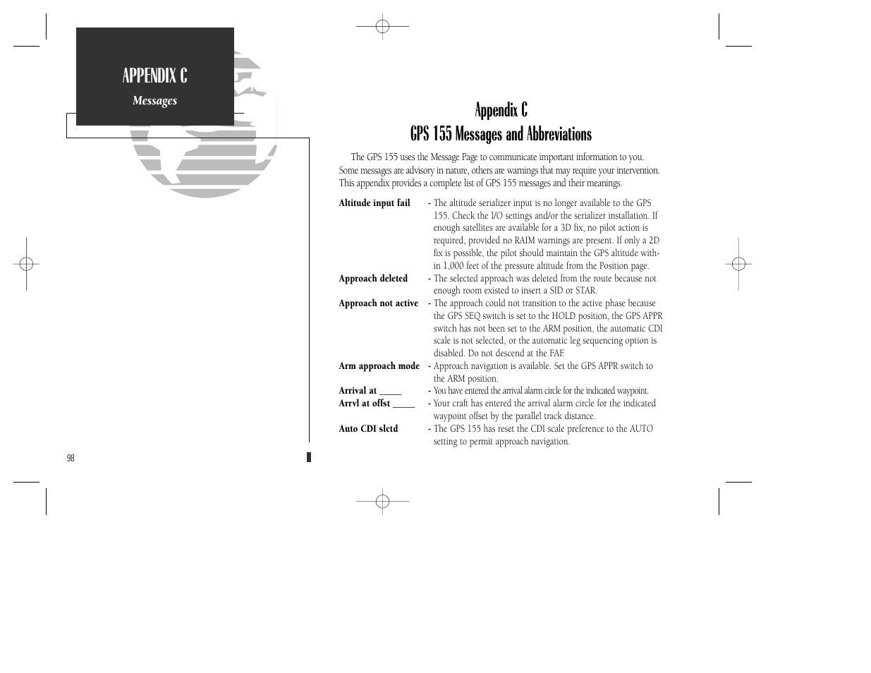 Appendix c gps 155 messages and abbreviations, Appendix c | Garmin GPS 165 TSO User Manual | Page 108 / 132