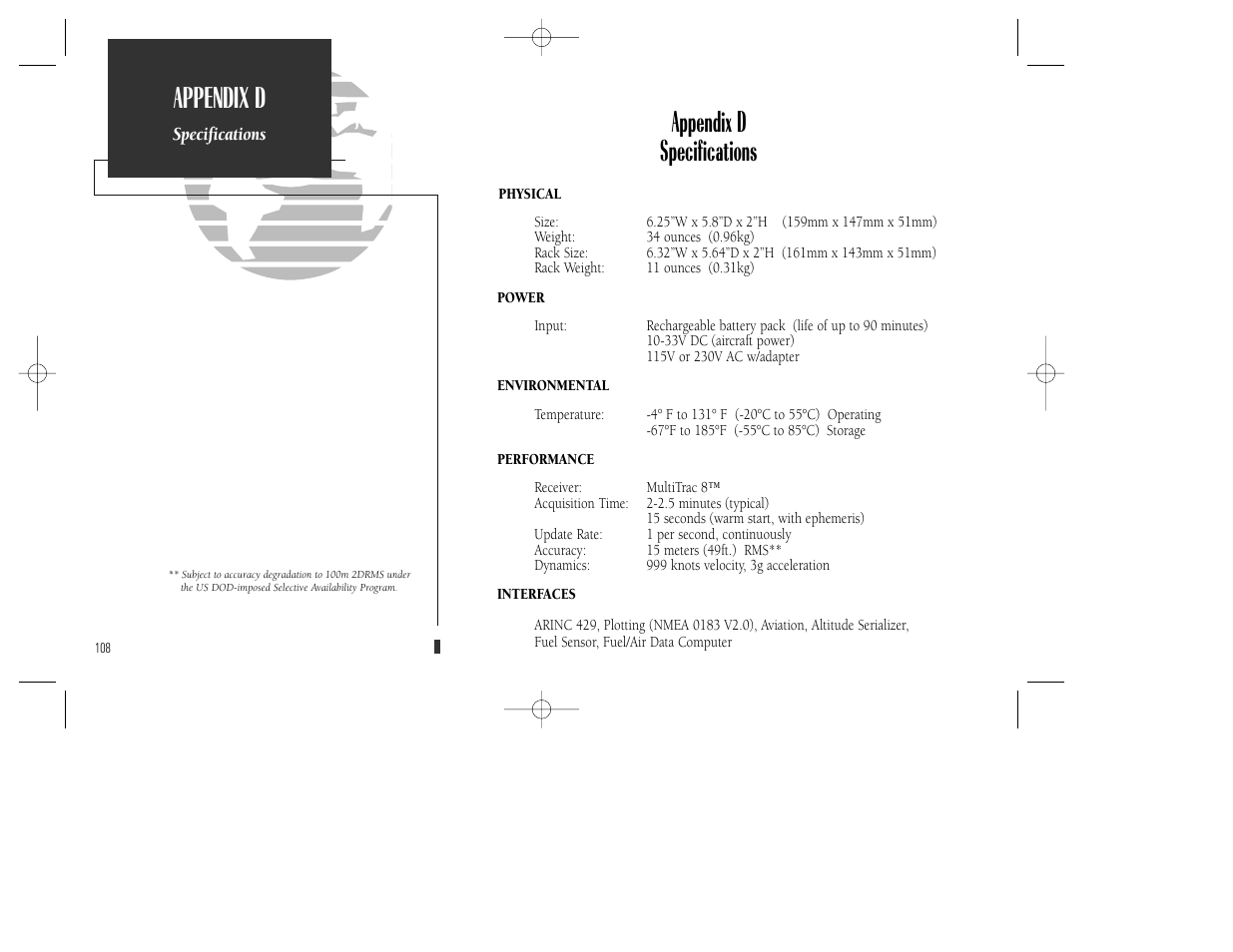Appendix d specifications, Appendix d | Garmin GPS 165 TSO User Manual | Page 118 / 132