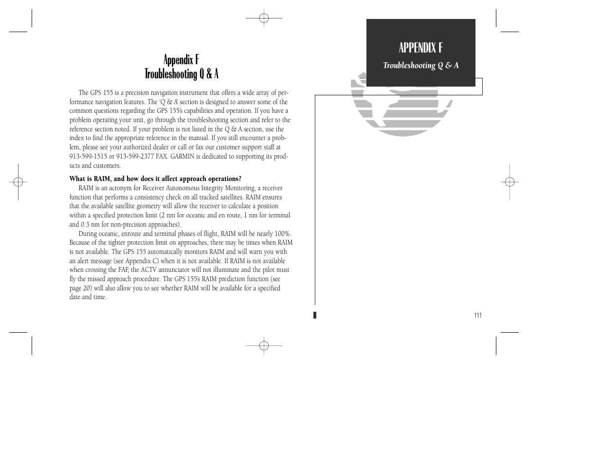 Appendix f, Appendix f troubleshooting q & a | Garmin GPS 165 TSO User Manual | Page 121 / 132