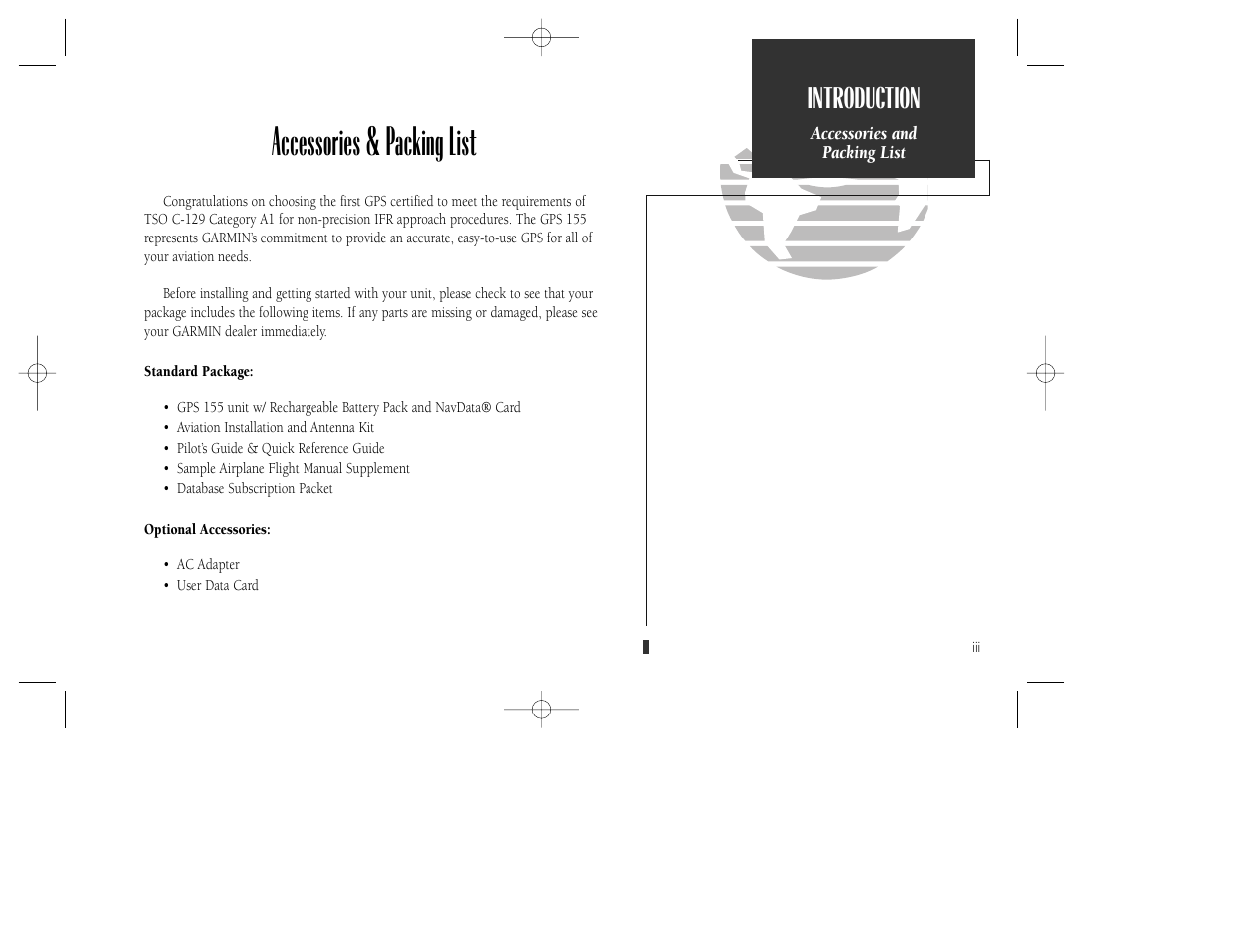 Accessories & packing list, Introduction | Garmin GPS 165 TSO User Manual | Page 5 / 132