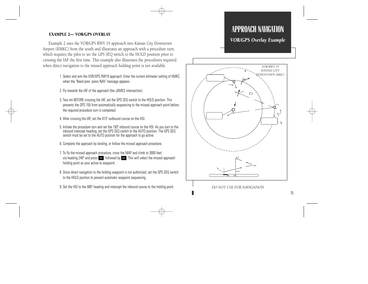 Approach navigation, Vor/gps overlay example, Do not use for navigation | Garmin GPS 165 TSO User Manual | Page 85 / 132