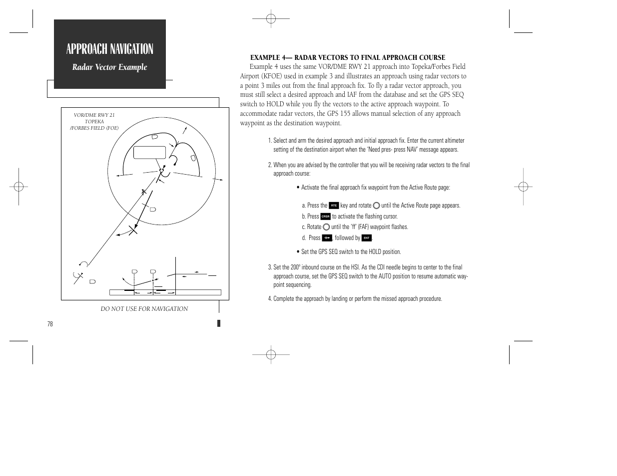 Approach navigation, Radar vector example, Do not use for navigation | Garmin GPS 165 TSO User Manual | Page 88 / 132