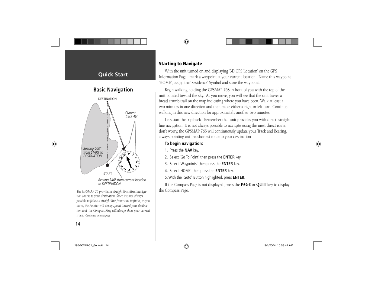 Basic navigation, Quick start | Garmin GPSMAP 76S User Manual | Page 15 / 18