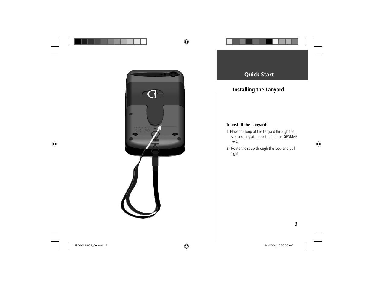 Quick start installing the lanyard | Garmin GPSMAP 76S User Manual | Page 4 / 18