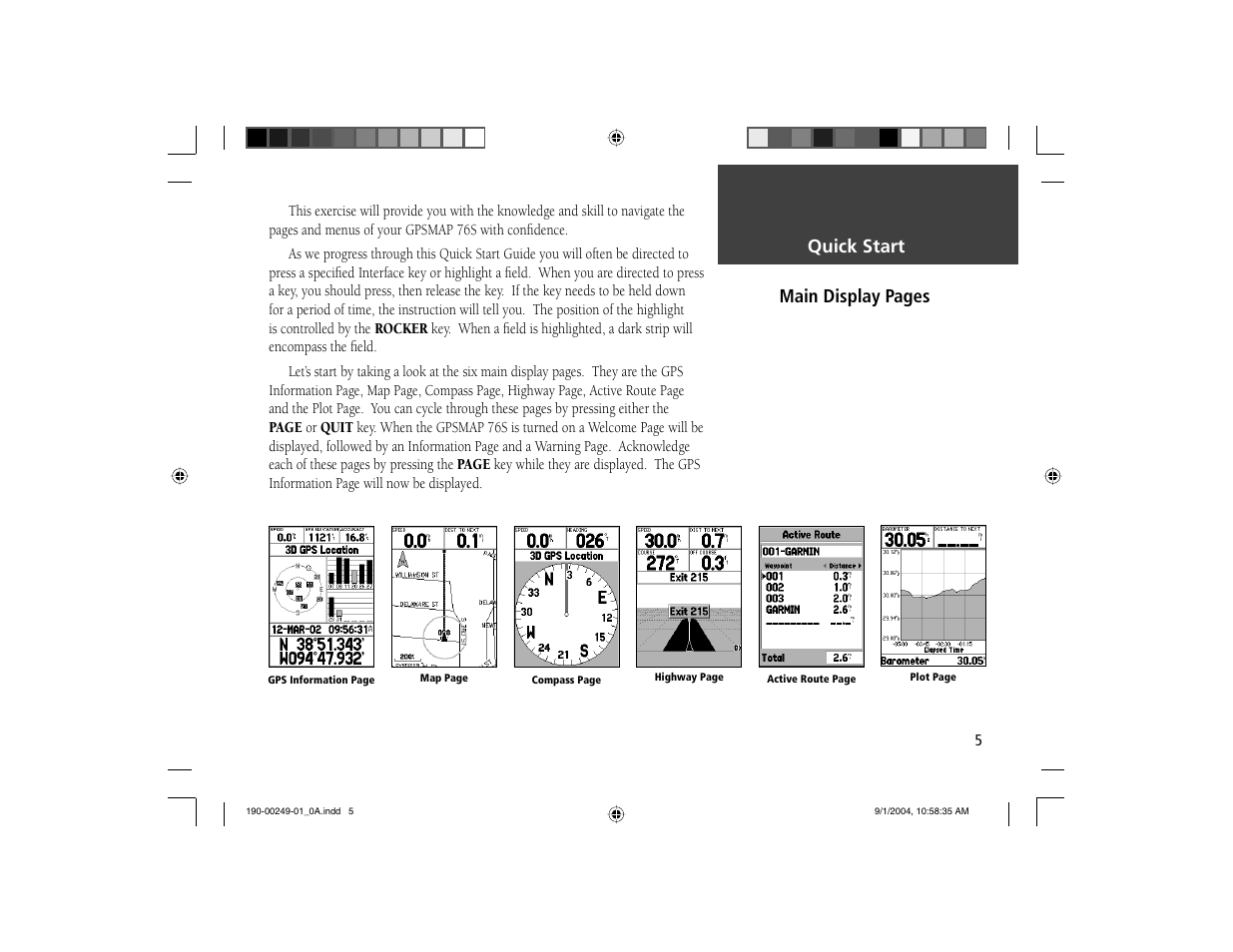 Quick start main display pages | Garmin GPSMAP 76S User Manual | Page 6 / 18