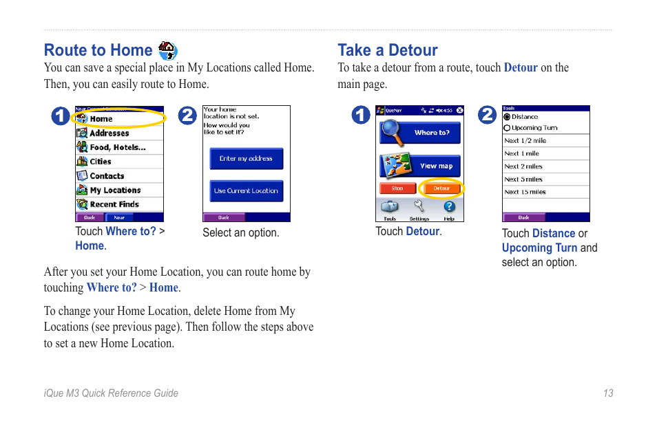 Route to home, Take a detour, Route to home take a detour | Garmin iQue M3 User Manual | Page 13 / 20