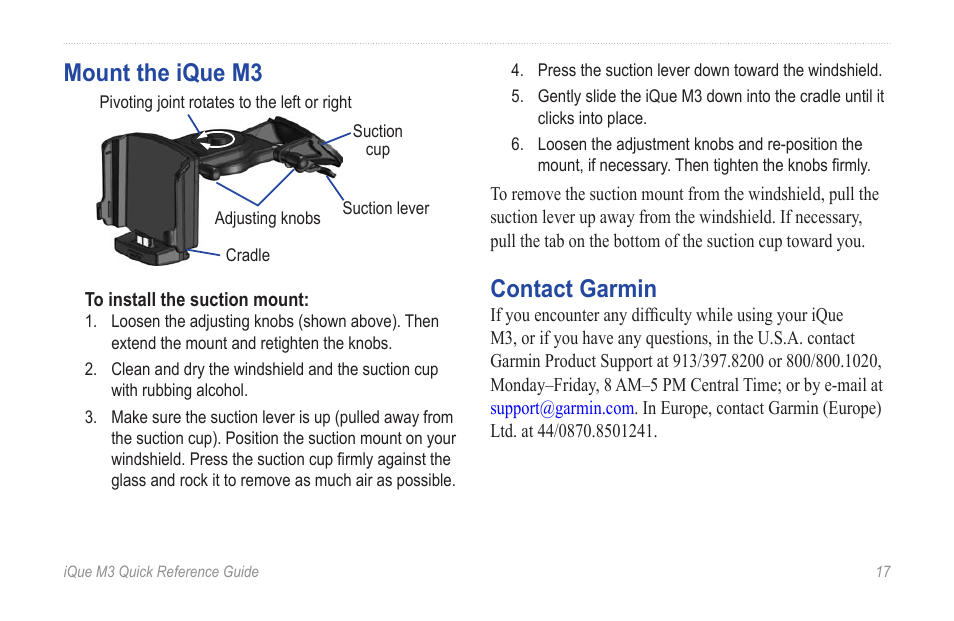 Mount the ique m3, Contact garmin, Mount the ique m3 contact garmin | Garmin iQue M3 User Manual | Page 17 / 20