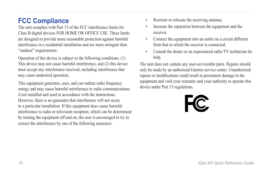 Fcc compliance | Garmin iQue M3 User Manual | Page 18 / 20