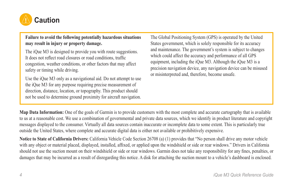 Caution | Garmin iQue M3 User Manual | Page 4 / 20