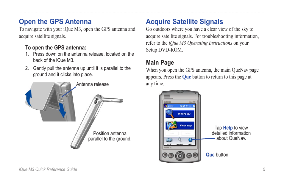 Open the gps antenna, Acquire satellite signals, Open the gps antenna acquire satellite signals | Garmin iQue M3 User Manual | Page 5 / 20
