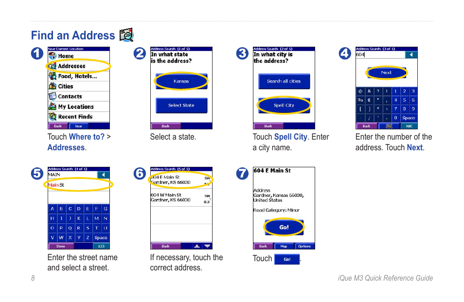 Find an address, Find an address 3 2 | Garmin iQue M3 User Manual | Page 8 / 20